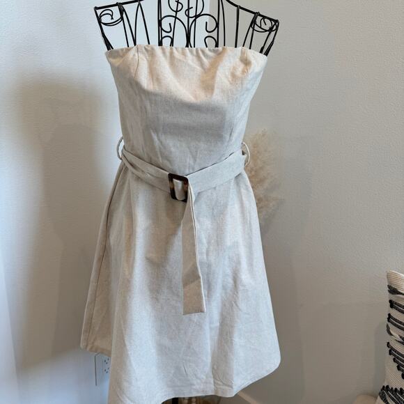 Monteau Linen Blend Strapless Belted Pockets A-Line Mini Dress - Picture 1 of 9